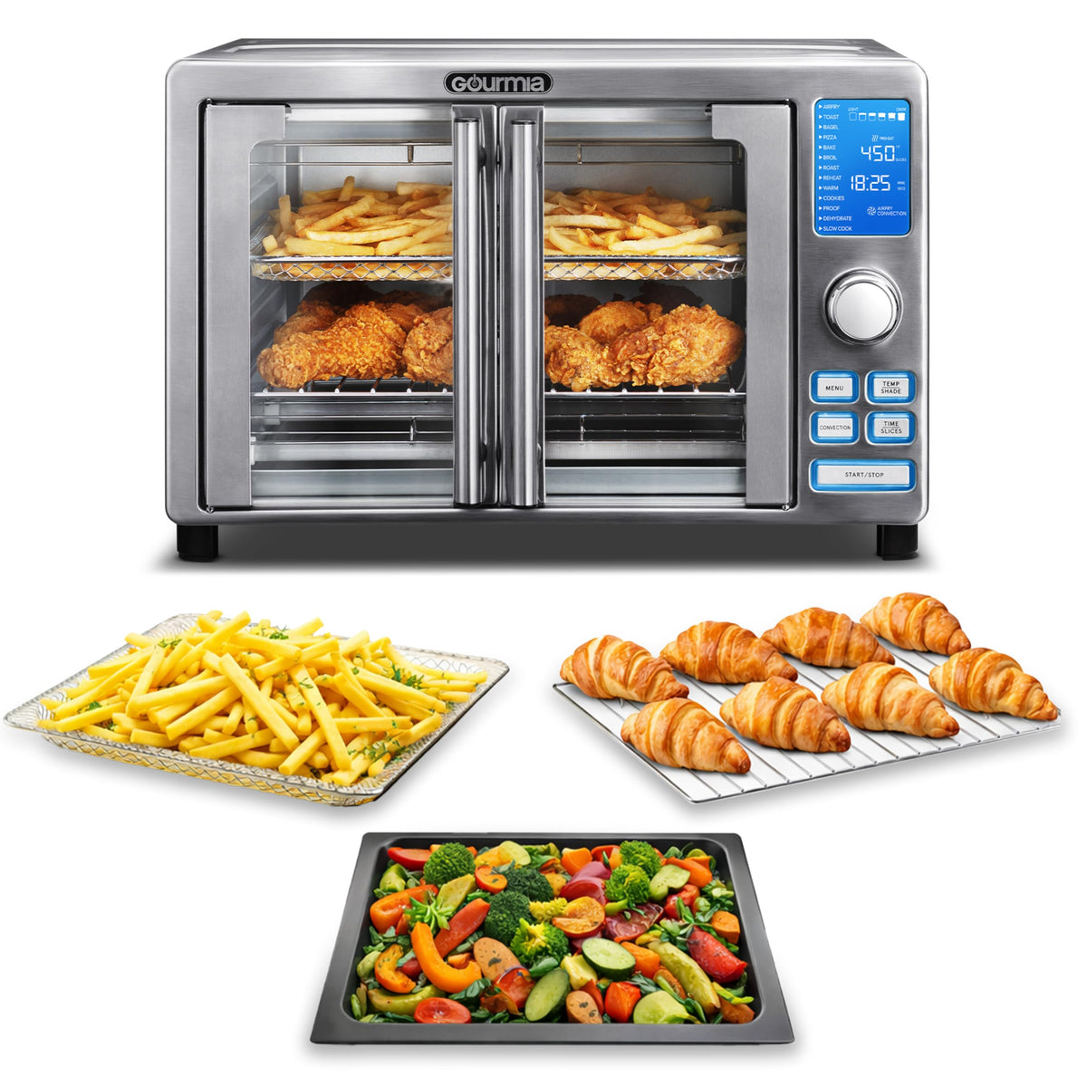 Gourmia air fryer French Door Toaster Oven front view shows six-slice capacity for quick family meals.