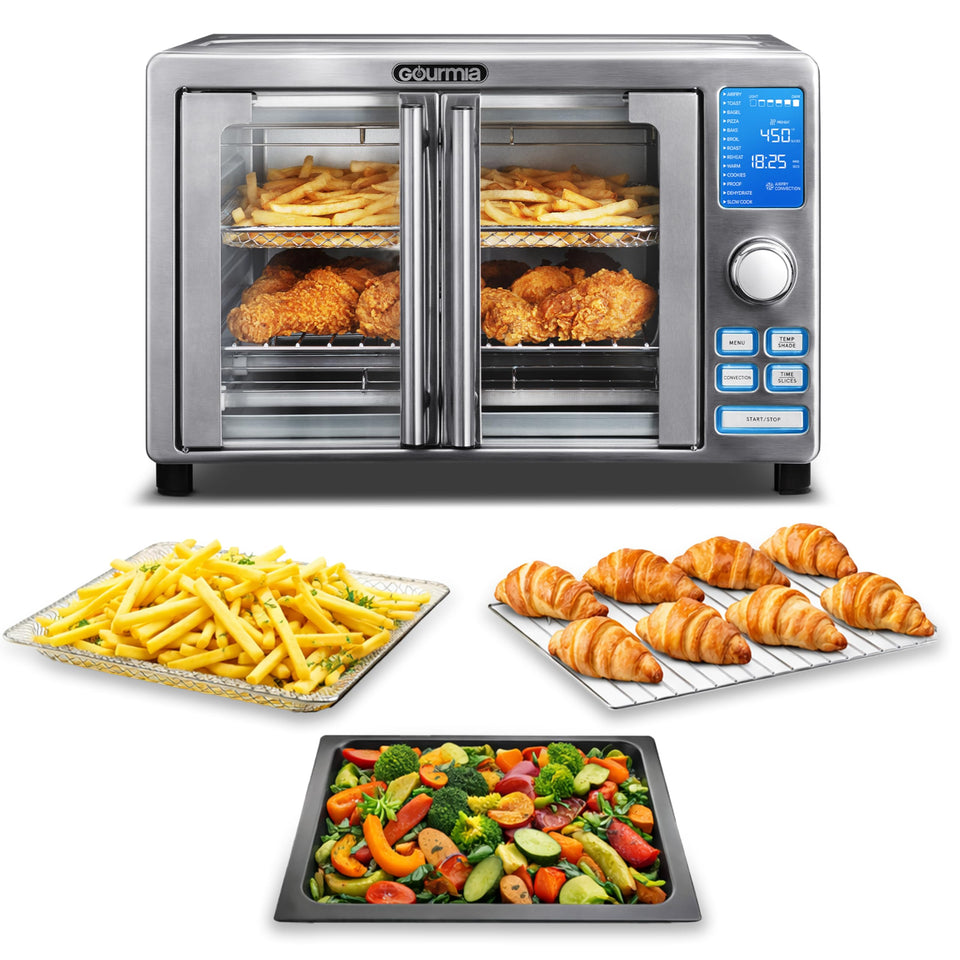 Gourmia air fryer French Door Toaster Oven front view shows six-slice capacity for quick family meals.