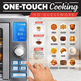Gourmia air fryer French Door Toaster Oven with open door reveal easy loading and unloading.