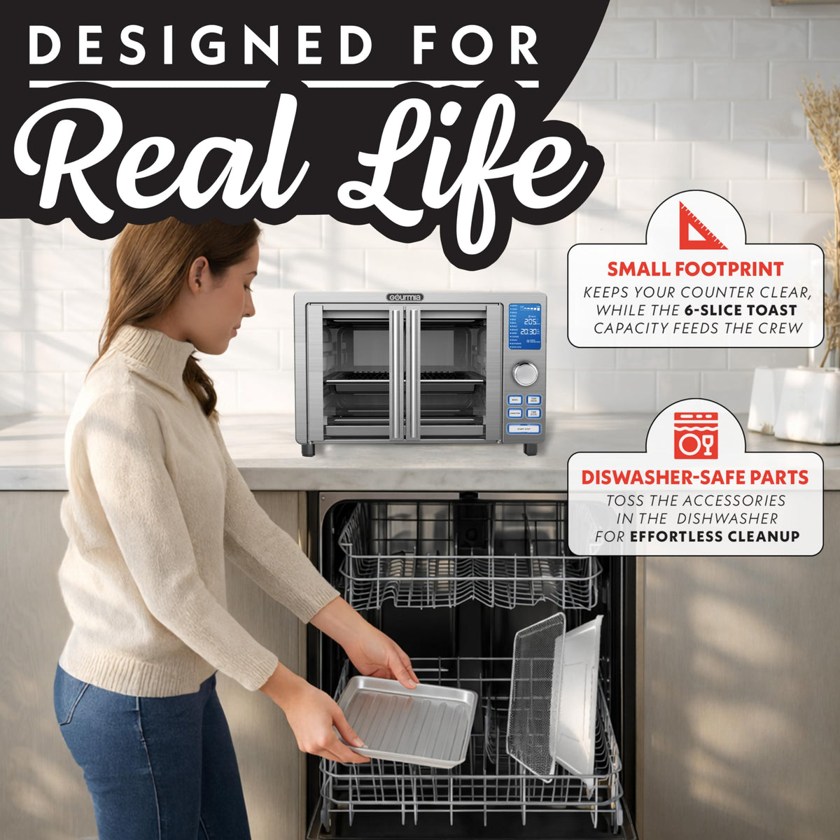 Gourmia air fryer French Door Toaster Oven includes air fry basket for healthier alternatives.