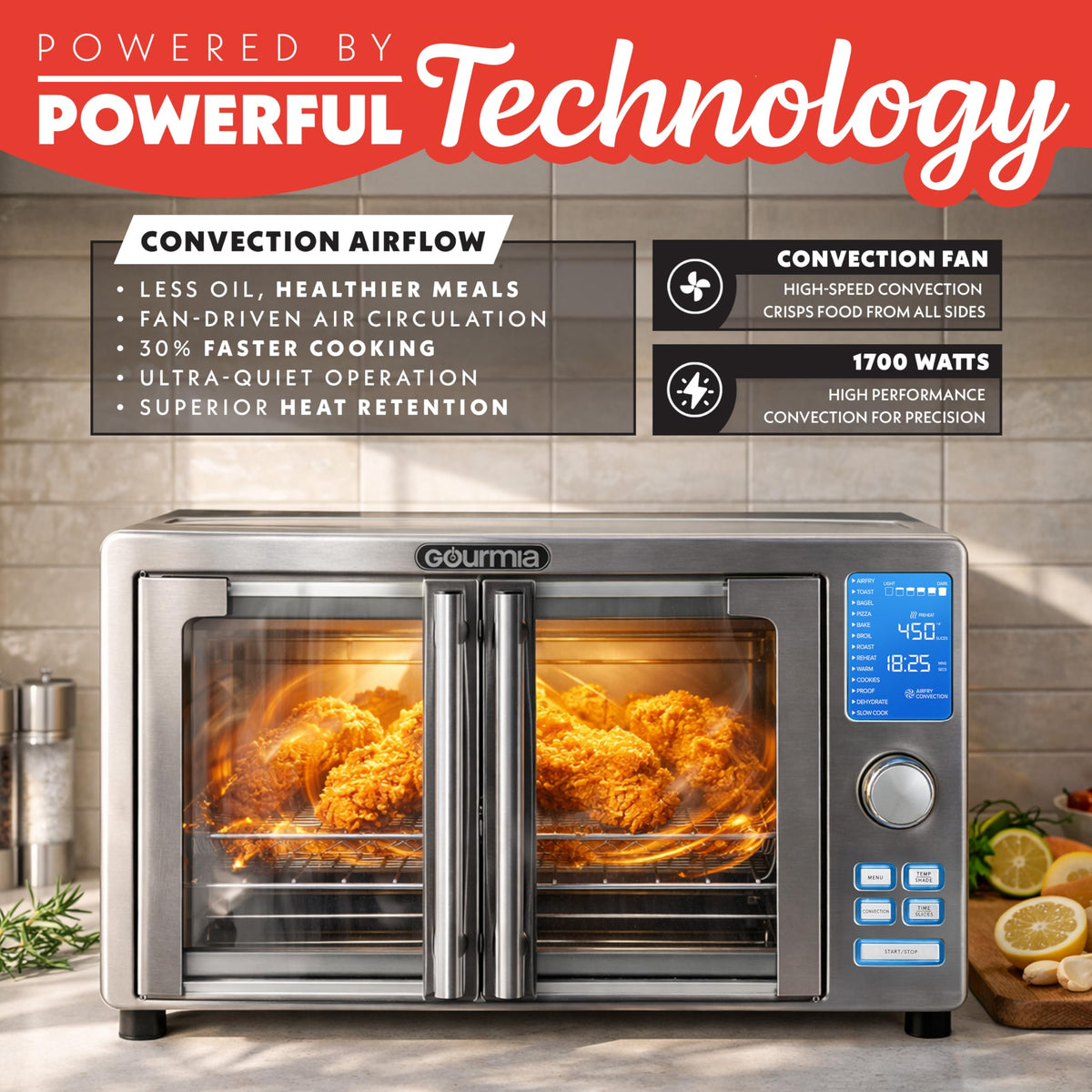 Gourmia air fryer French Door Toaster Oven 12-inch pizza fits perfectly for weeknight dinners.