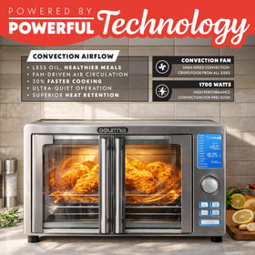 Gourmia air fryer French Door Toaster Oven 12-inch pizza fits perfectly for weeknight dinners.