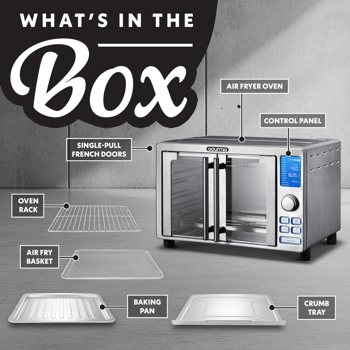 Gourmia air fryer French Door Toaster Oven stainless steel body blends with modern kitchens.