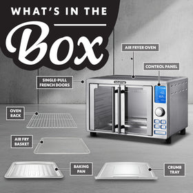 Gourmia air fryer French Door Toaster Oven stainless steel body blends with modern kitchens.