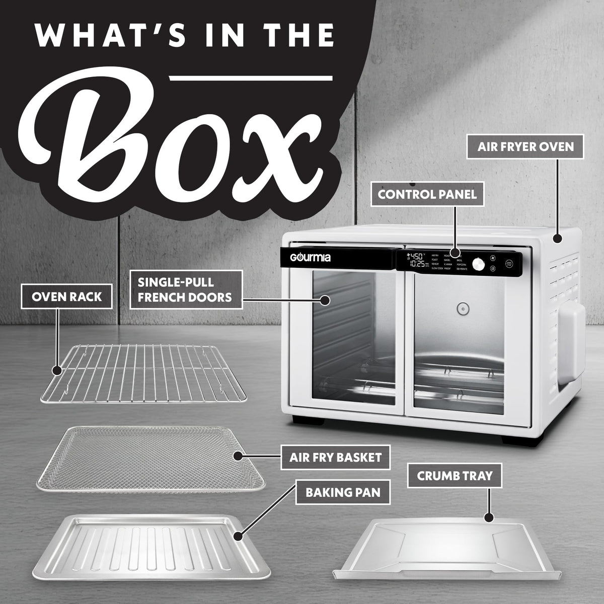 Gourmia baking pan and crumb tray are dishwasher-safe for quick cleanup
