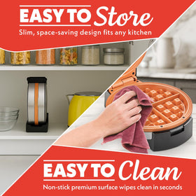 Gourmia Belgian Waffle Maker compact upright storage saves counter space