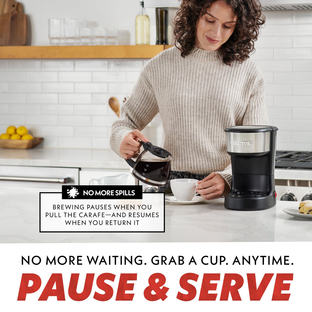 Gourmia coffee maker showing five-cup capacity for solo or small gatherings