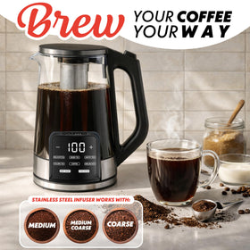 Gourmia versatile brewing for tea and coffee in one compact kettle.