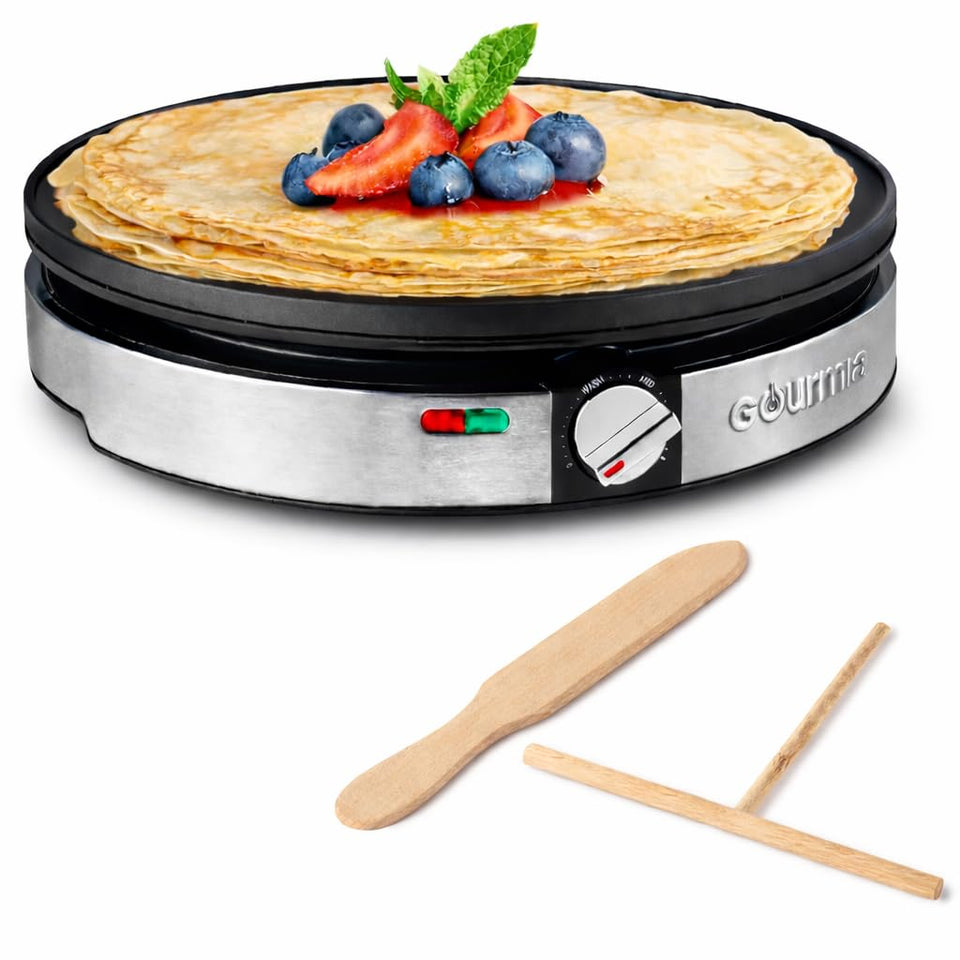 Gourmia crepe maker 12-inch surface for large, evenly cooked crepes.