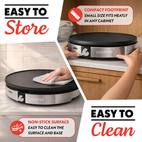 Gourmia crepe maker includes batter spreader and spatula for precision.