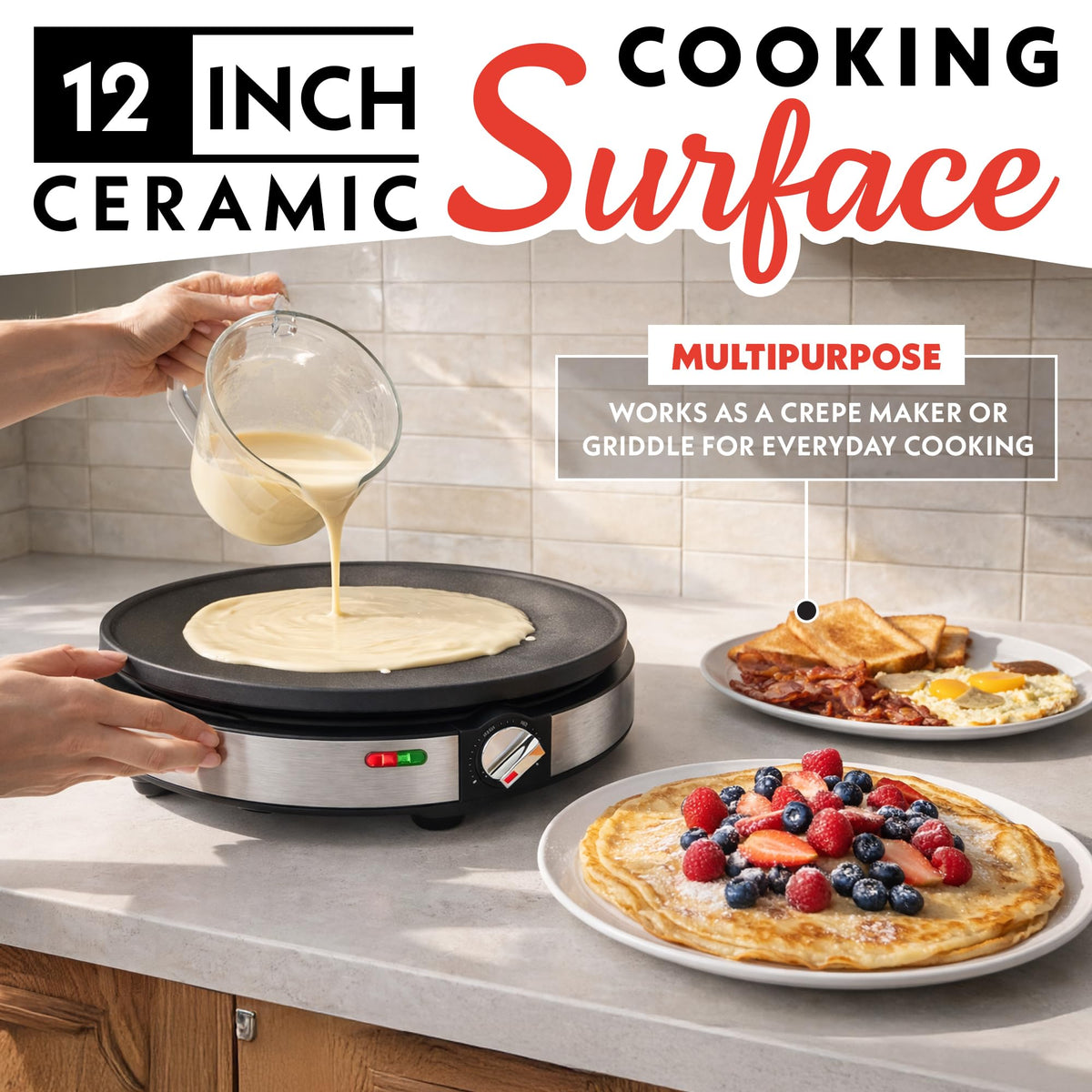 Gourmia crepe maker easy cleanup with wipe-clean surface after cooking.