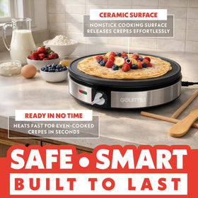 Gourmia crepe maker indicator lights show preheat and ready status.