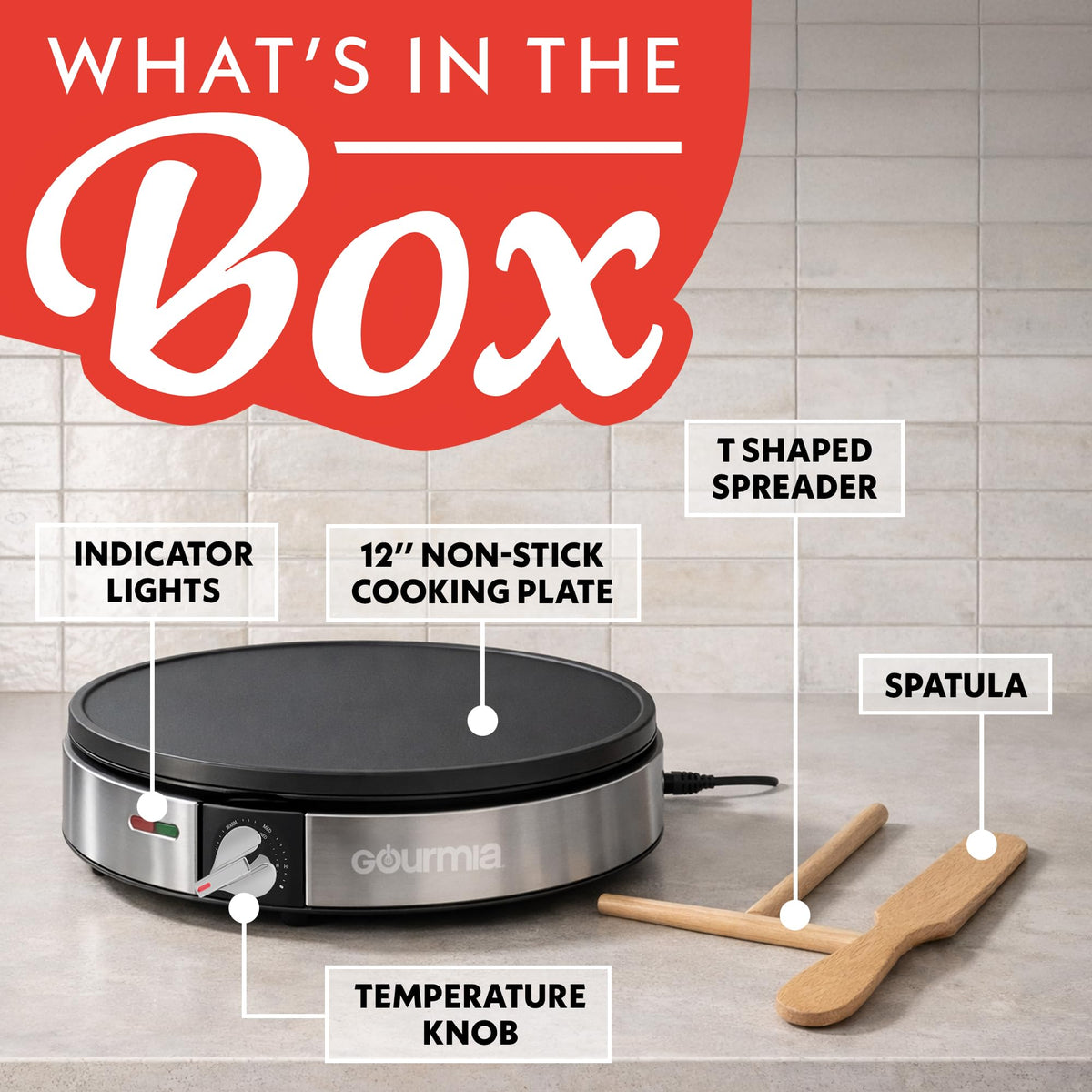 Gourmia crepe maker nonstick surface for easy release and cleanup.