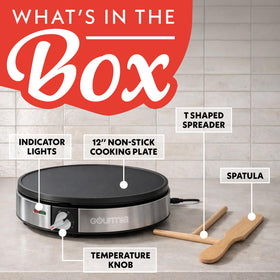 Gourmia crepe maker nonstick surface for easy release and cleanup.