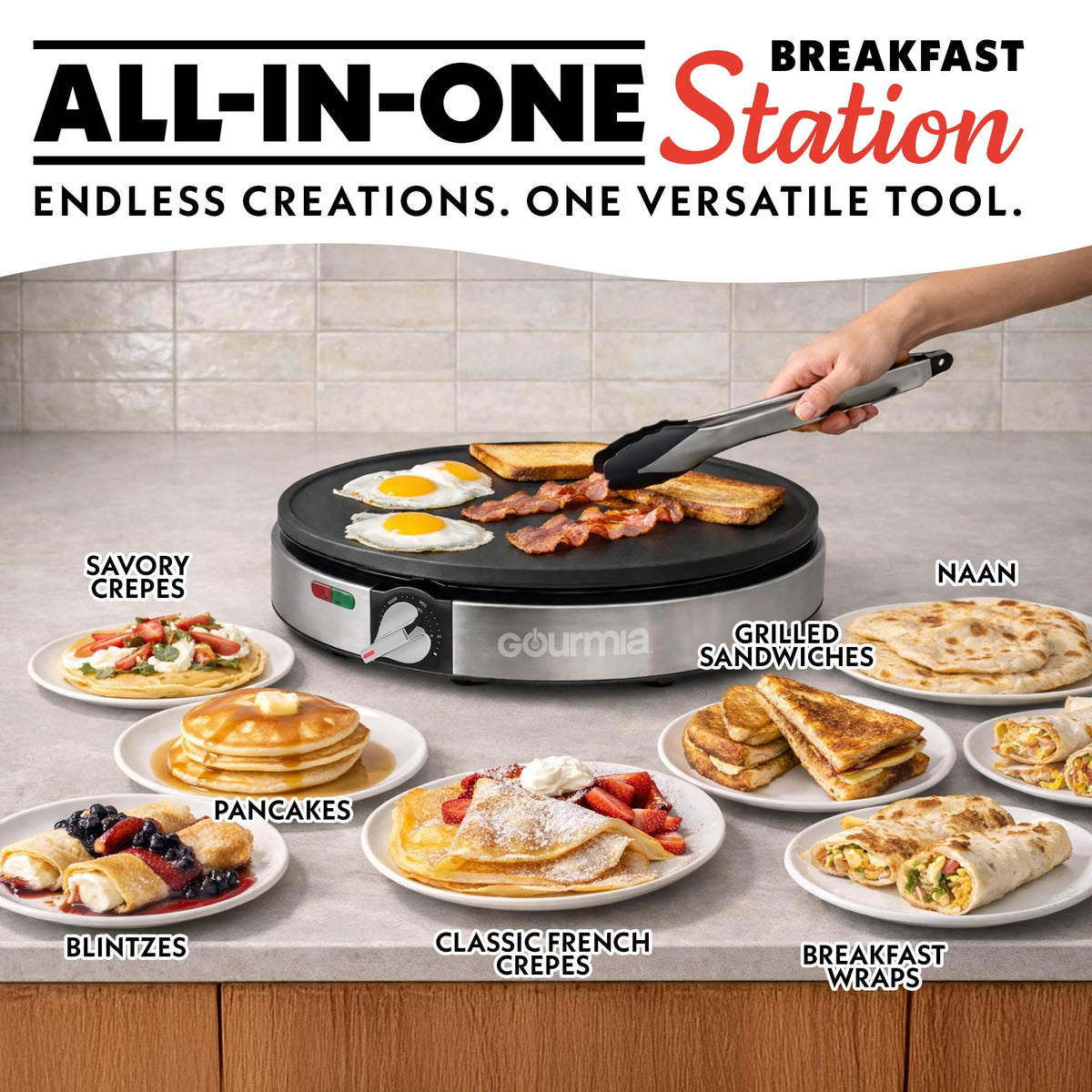 Gourmia crepe maker stainless steel trim adds professional style.