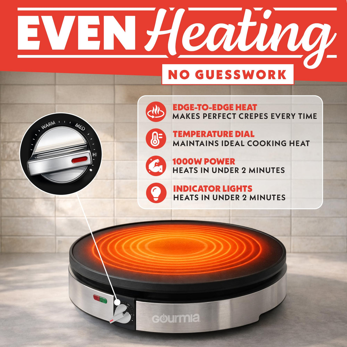 Gourmia crepe maker temperature dial for precise heat control.