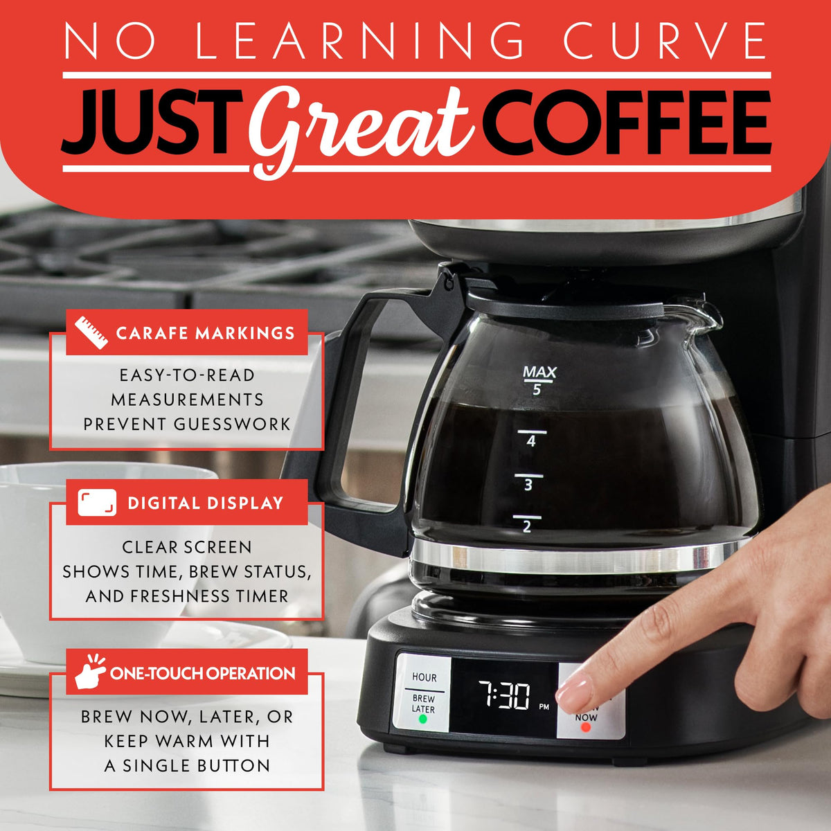 Gourmia Drip Coffee Maker 5-cup carafe ready for small gatherings