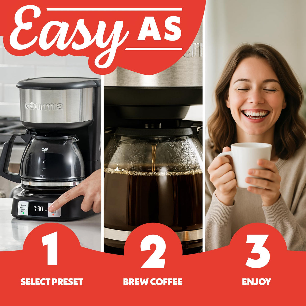 Gourmia Drip Coffee Maker dishwasher-safe glass carafe for quick cleanup