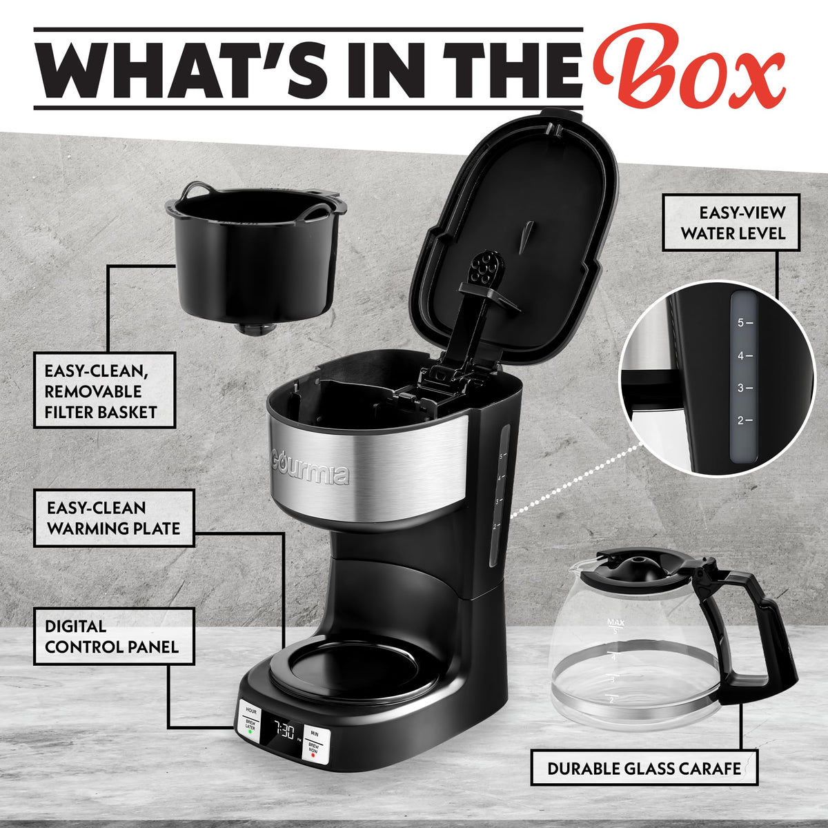 Gourmia Drip Coffee Maker slim footprint fit for apartments and offices
