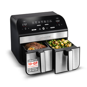 Gourmia dual-basket air fryer inside view showing 10 qt capacity for family meals