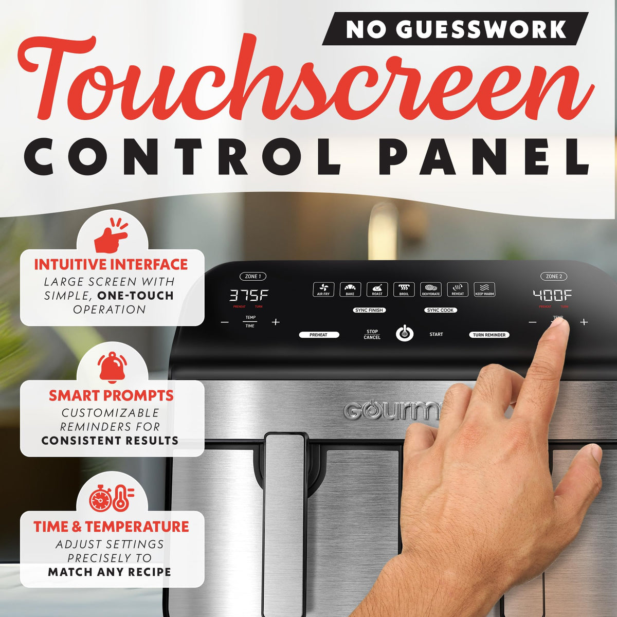 Gourmia dual-basket air fryer digital control panel highlights 7 presets