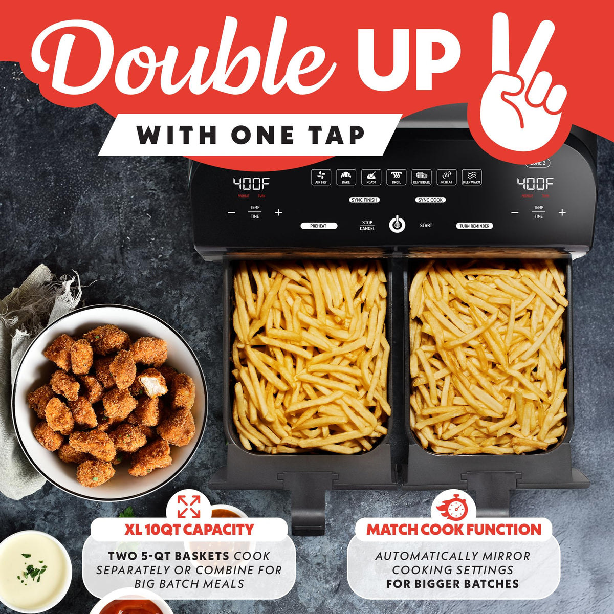 Gourmia dishwasher-safe baskets and crisper trays simplify cleanup after meals
