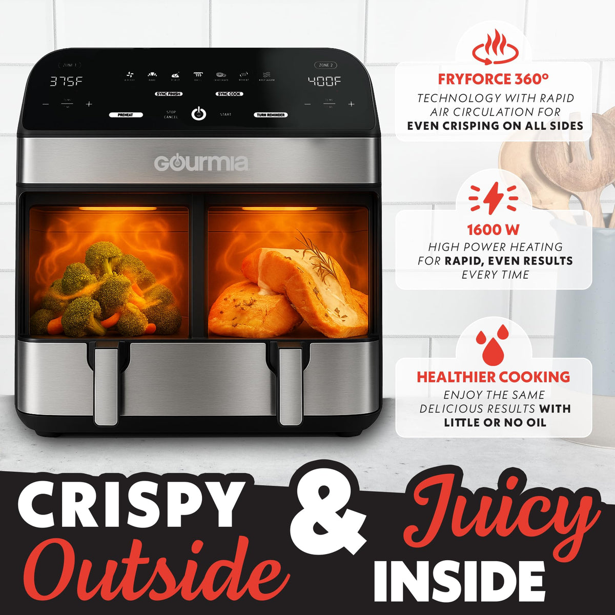Gourmia FryForce 360 technology demonstrates even air frying results