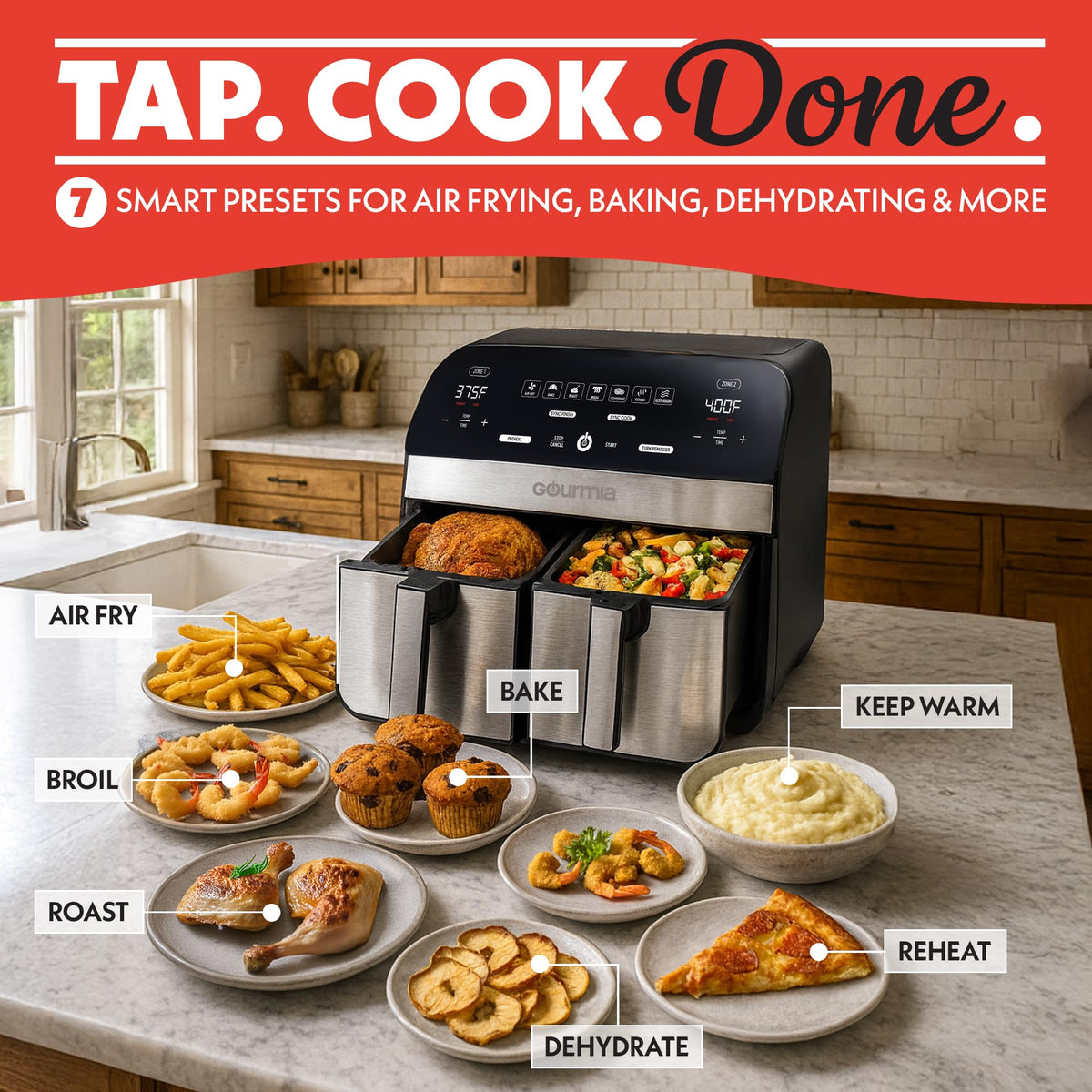Gourmia dual-basket air fryer front-angle with two baskets ready to load