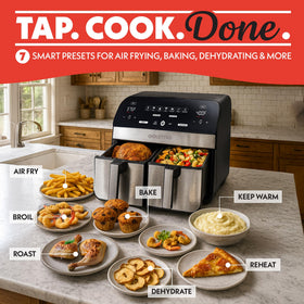 Gourmia dual-basket air fryer front-angle with two baskets ready to load