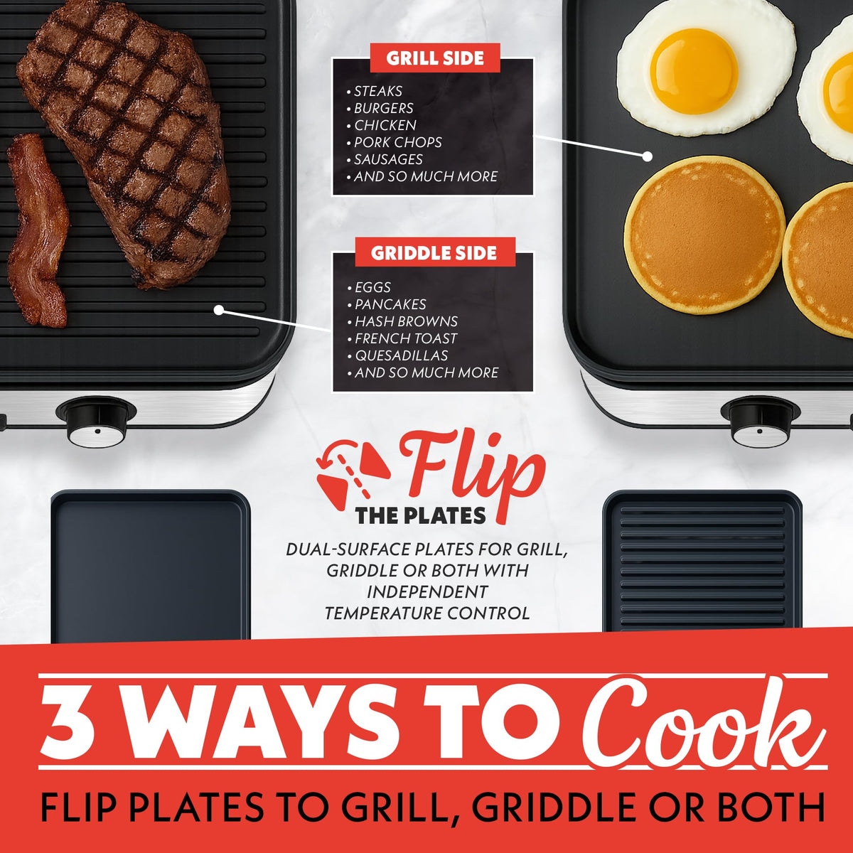 Gourmia dual-zone cooking shows separate temperatures on each side.