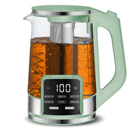 Gourmia electric glass kettle front view with 1.7L capacity for family brews.