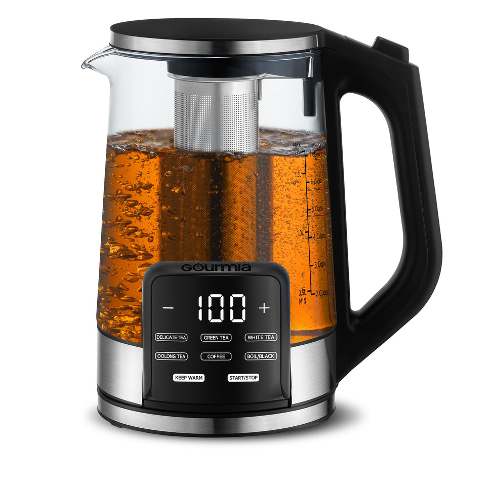 Gourmia electric glass kettle with presets display for quick, precise tea and coffee brewing.