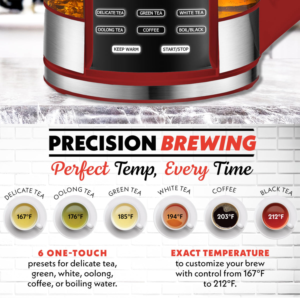 Gourmia digital touch display shows precise temperature for perfect brews