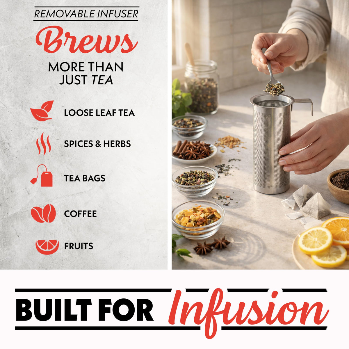 Gourmia removable stainless steel infuser for loose-leaf tea and grounds