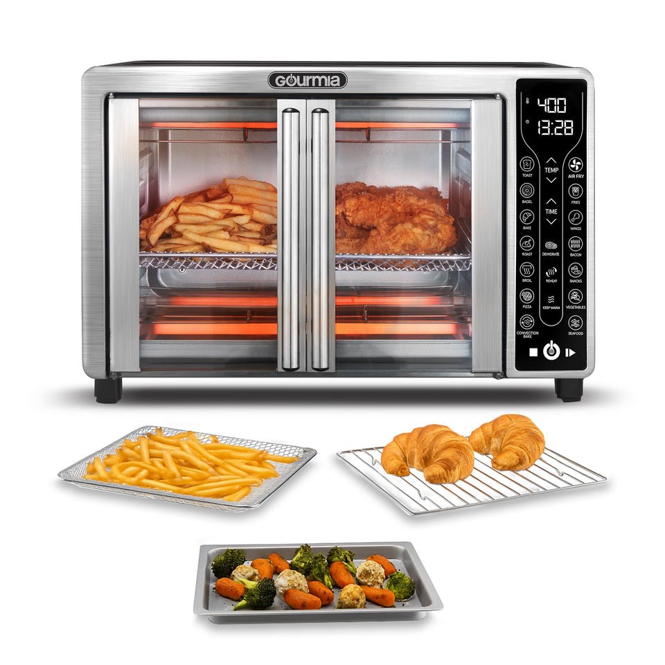Gourmia French Door Air Fryer 25 Qt front view shows spacious dual-door loading.