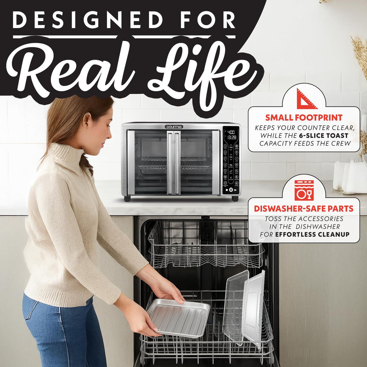 Gourmia 25 Qt FryForce technology badge highlights oil-free crisp results.