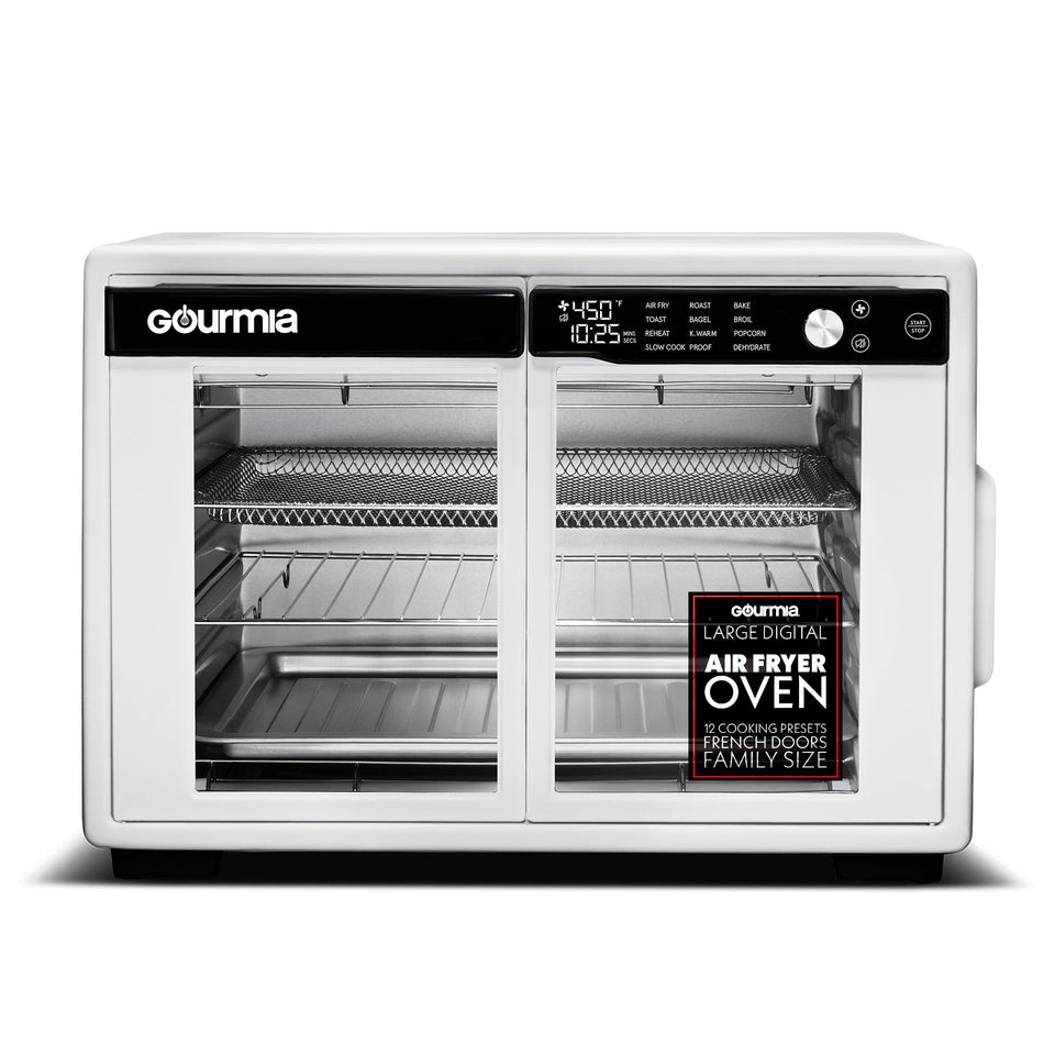 Gourmia French Door Air Fryer Oven front view for easy family meals on the counter
