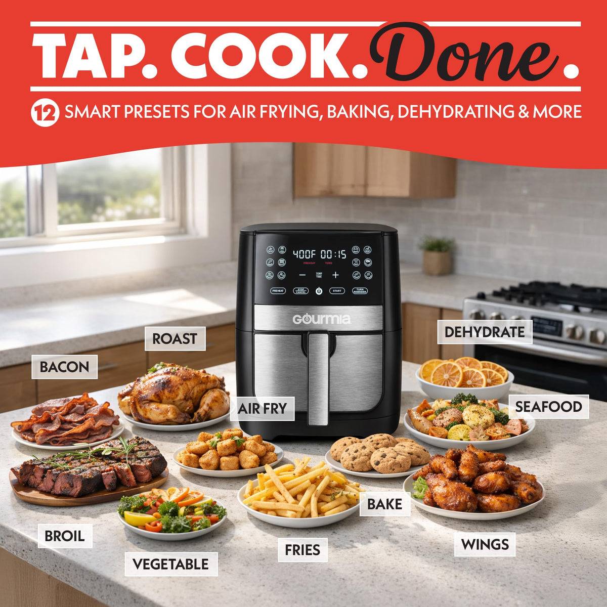 Gourmia GAF826 12 presets for quick, timer-based meal options.
