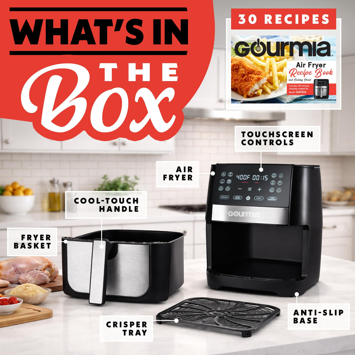 Gourmia GAF826 nonstick dishwasher-safe basket and crisper tray for cleanup.