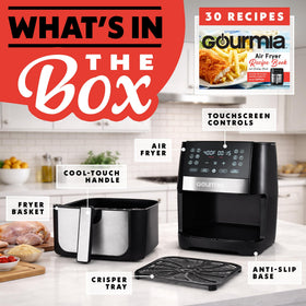 Gourmia GAF826 nonstick dishwasher-safe basket and crisper tray for cleanup.