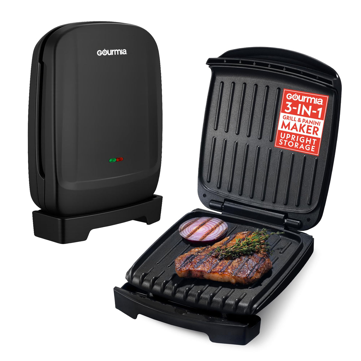 Gourmia indoor grill and panini maker front view showing compact 4-serving design for small kitchens