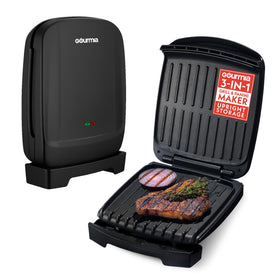 Gourmia indoor grill and panini maker front view showing compact 4-serving design for small kitchens