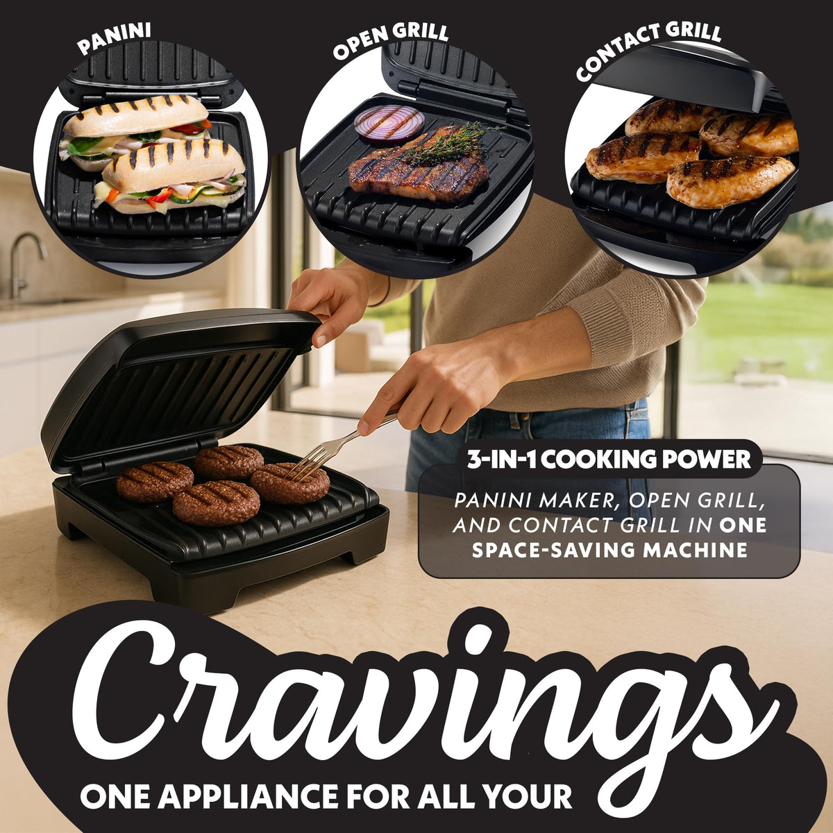 Gourmia indoor grill and panini maker open plates reveal even heating for quick meals