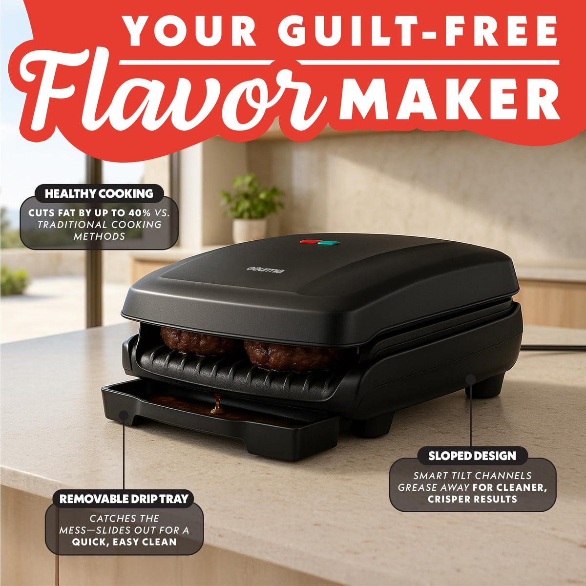 Gourmia indoor grill and panini maker removable drip tray for easy cleanup