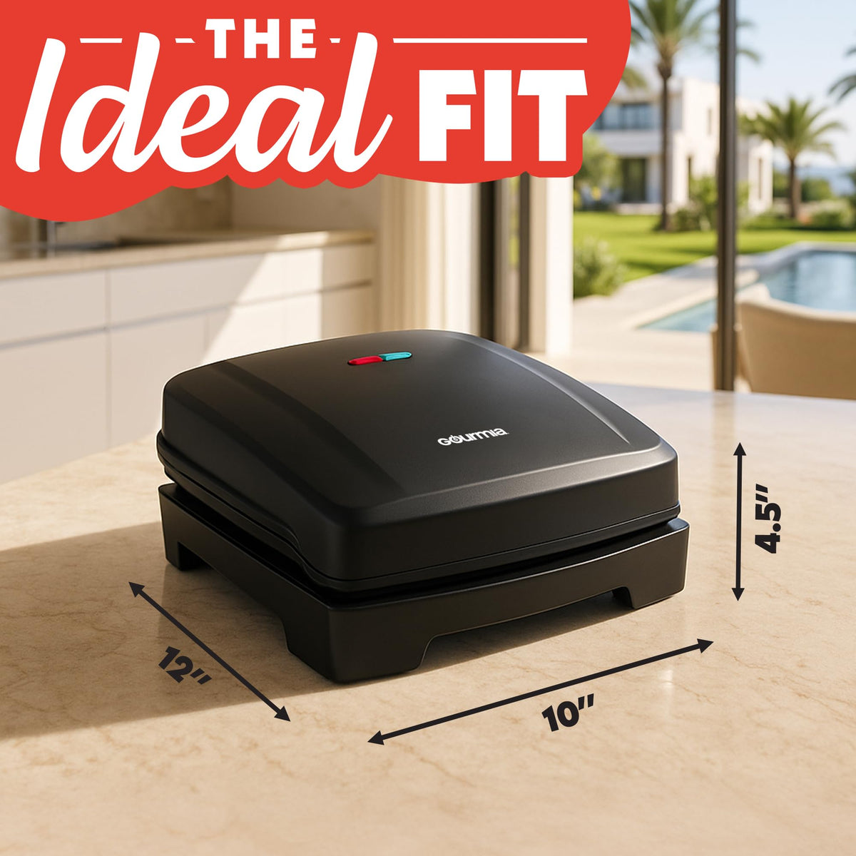 Gourmia indoor grill and panini maker close-up on nonstick ceramic plates for release