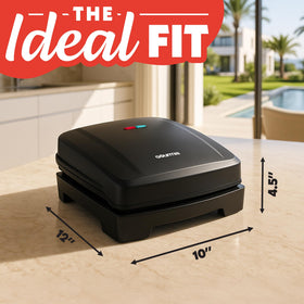 Gourmia indoor grill and panini maker close-up on nonstick ceramic plates for release