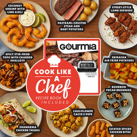Gourmia oven interface showing six pizza presets for various styles.