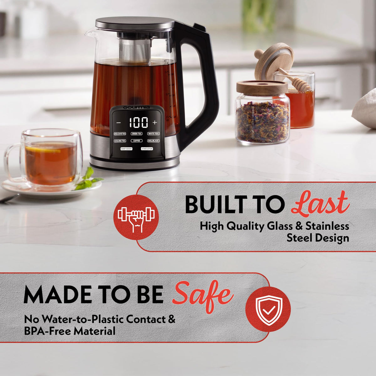 Gourmia keep-warm function maintains the selected temperature for hours after brewing.