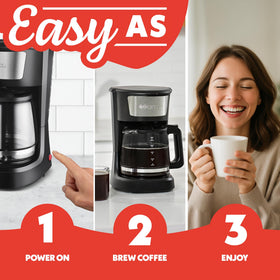 Gourmia one-touch brew function demonstrates fast, convenient coffee brewing.