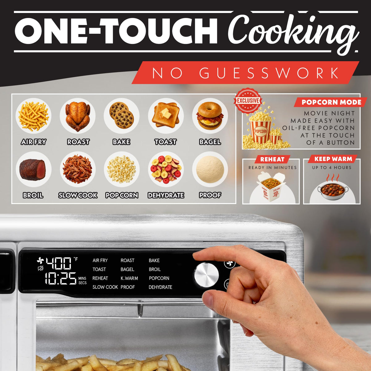 Gourmia oven interior with pans and rack ready for versatile cooking